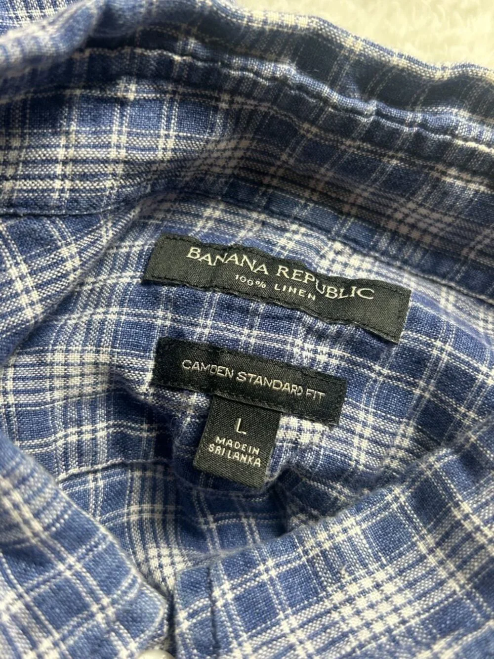 Banana Republic Mens Blue Plaid Linen Button-Down Short Sleeve Shirt Camden Fit